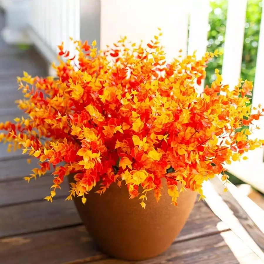 7-Piece Set Orange Autumn Eucalyptus Sprigs Artificial Greenery for Home Decor