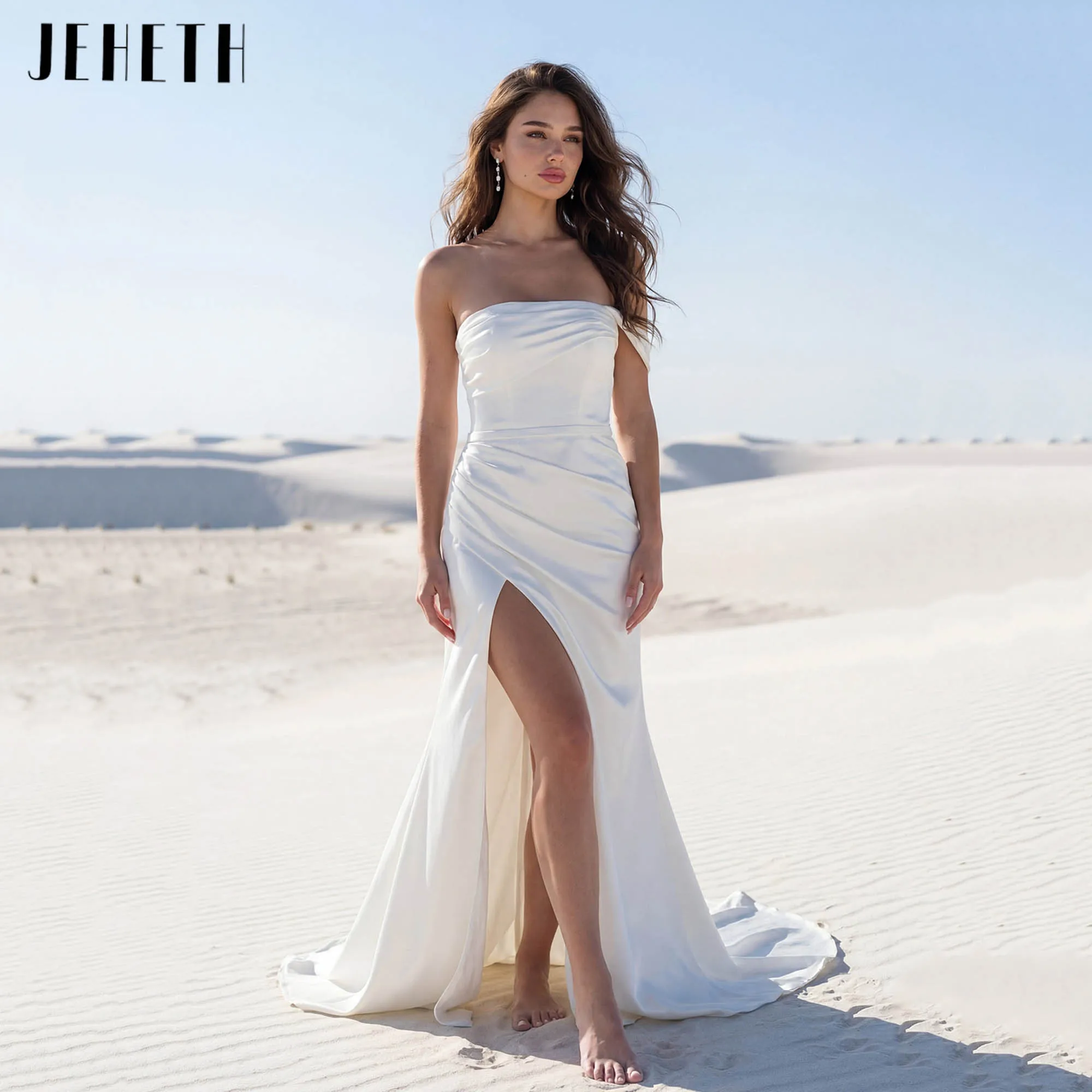 

JEHETH Satin Sheath Wedding Dresses One Sleeves Straight Neck Simplism Bridal Gowns Elegant High Slit robe de mariée Customized