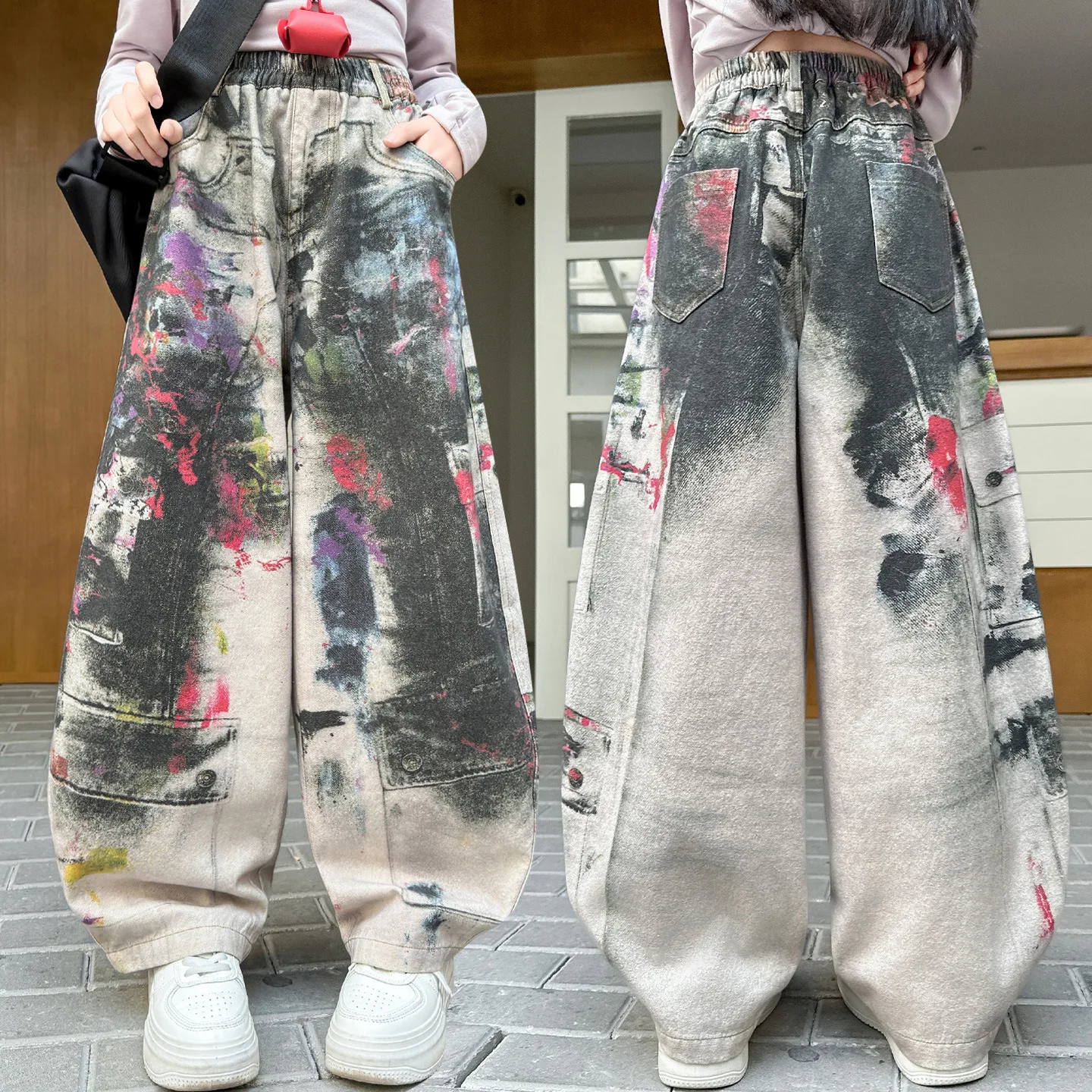

Children Loose Wide Leg Jeans With Drawing Unisex Casual Daily Streetwear Graffiti Denim Pants For Girls Kids Distressed Trouser