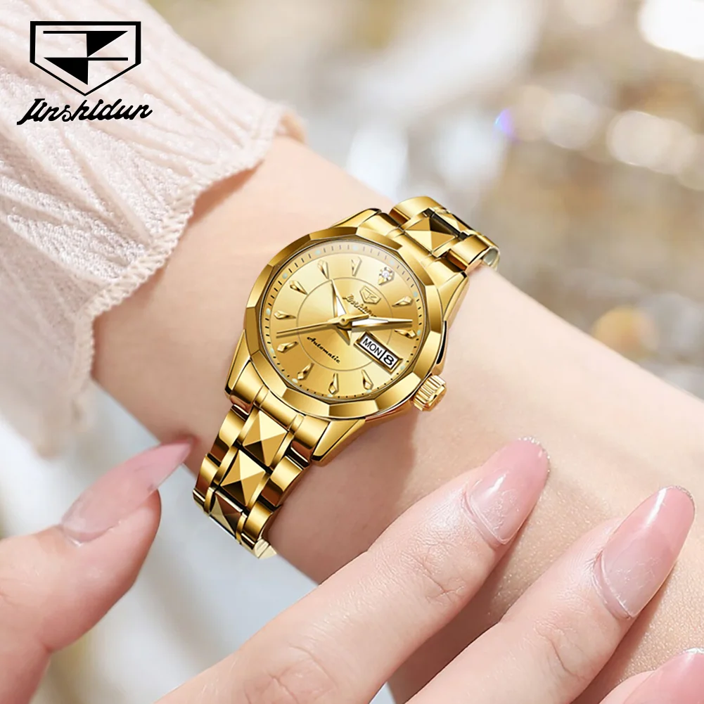 JSDUN Mechanical Watch for Women Luxury Tungsten Steel Strap Dual Calendar Waterproof Luminous Elegant Women\'s Automatic Watches