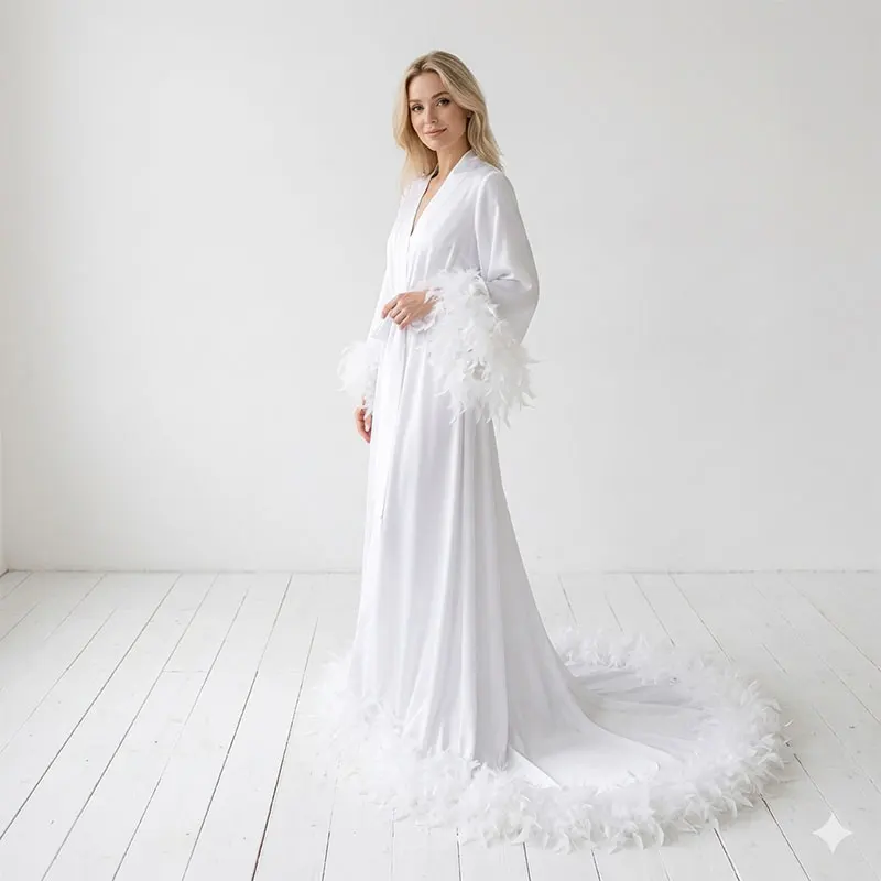 

Long White Bridal Robe with Train Feminine Feather Bottom Boudoir Lingerie Satin Gown for Wedding Day Getting Ready Robes Kimono