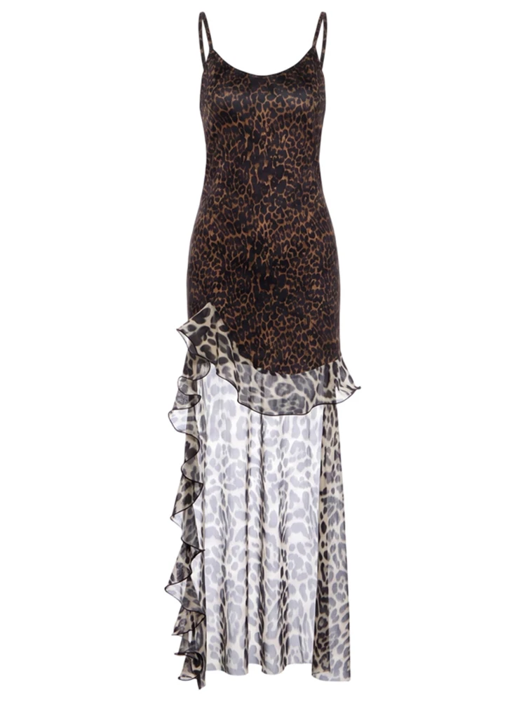 Weird Puss Bandage-Kleid mit offenem Rücken für Damen, Leopardenmuster, Mesh-Patchwork, unregelmäßiger Saum, tiefer Ausschnitt, modischer Trend, Party, figurbetont – Detail 2