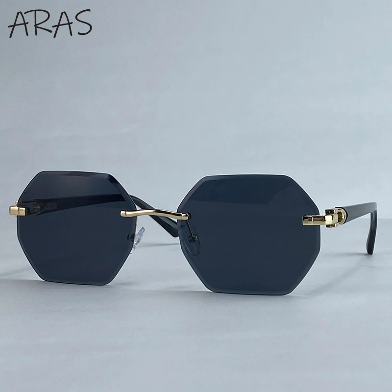 Modische randlose quadratische Sonnenbrille für Damen 2026 – Luxusmarke, sechseckiger Metallrahmen, trendige Outdoor-Sonnenbrille für Frauen – Detail 1