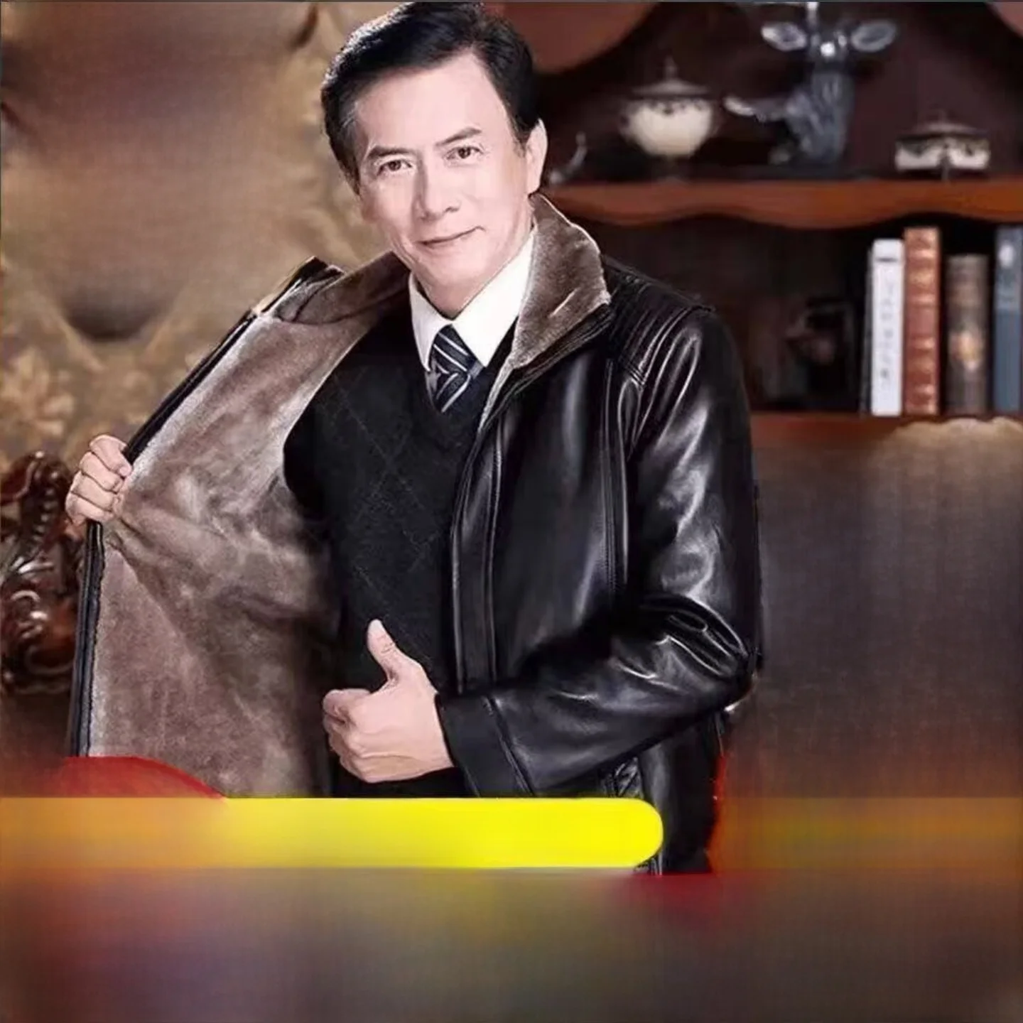 

Thiened Fce Lined Stand Collar Men's Leather Jaet Warm Outerwear for Middle-Aged And ly Winter Coat