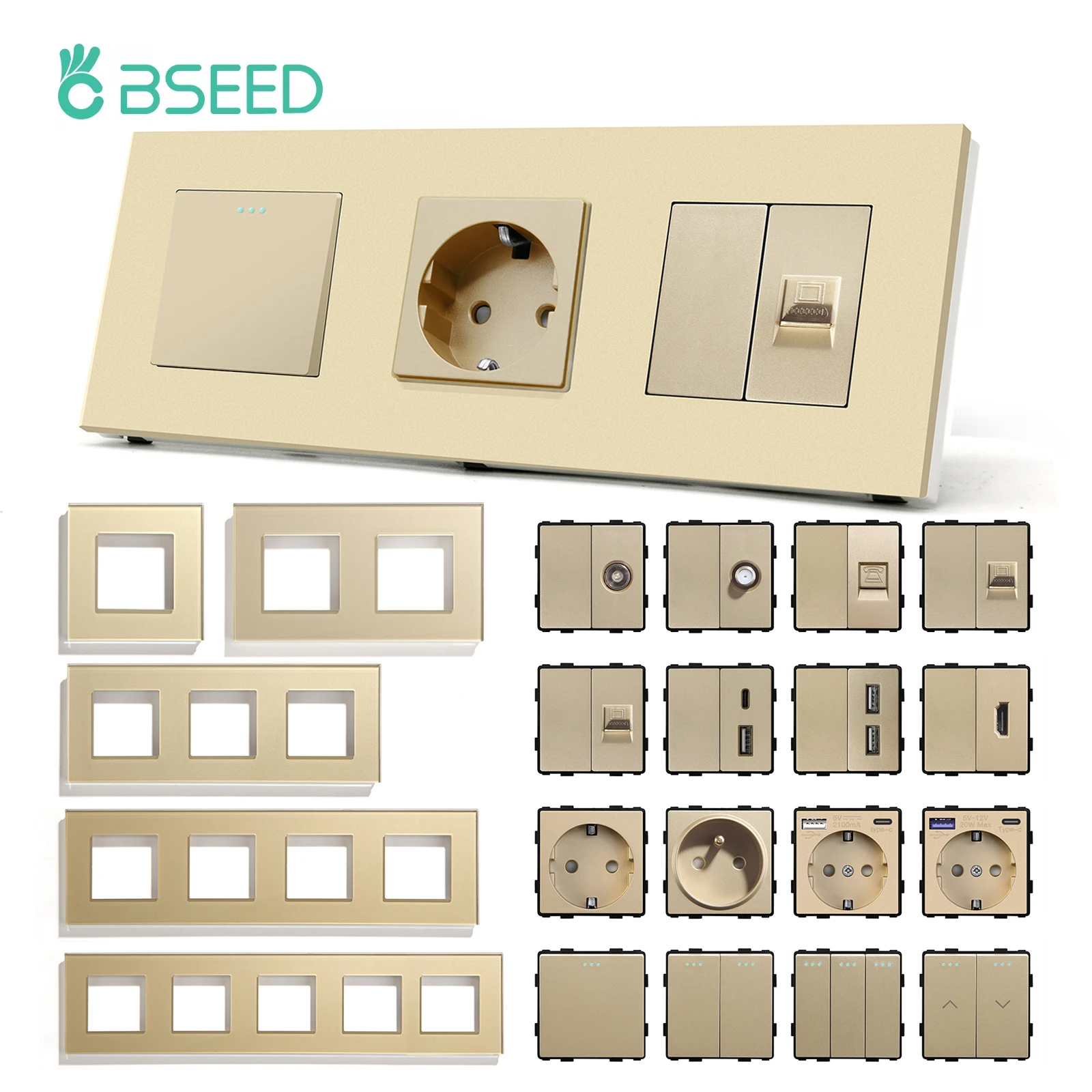 BSEED Mechanical Button Light Switches 1/2/3Way Half TV RJ45 ST Plug EU FR Wall Sockets USB Type-c Ports DIY Parts Glass Frames