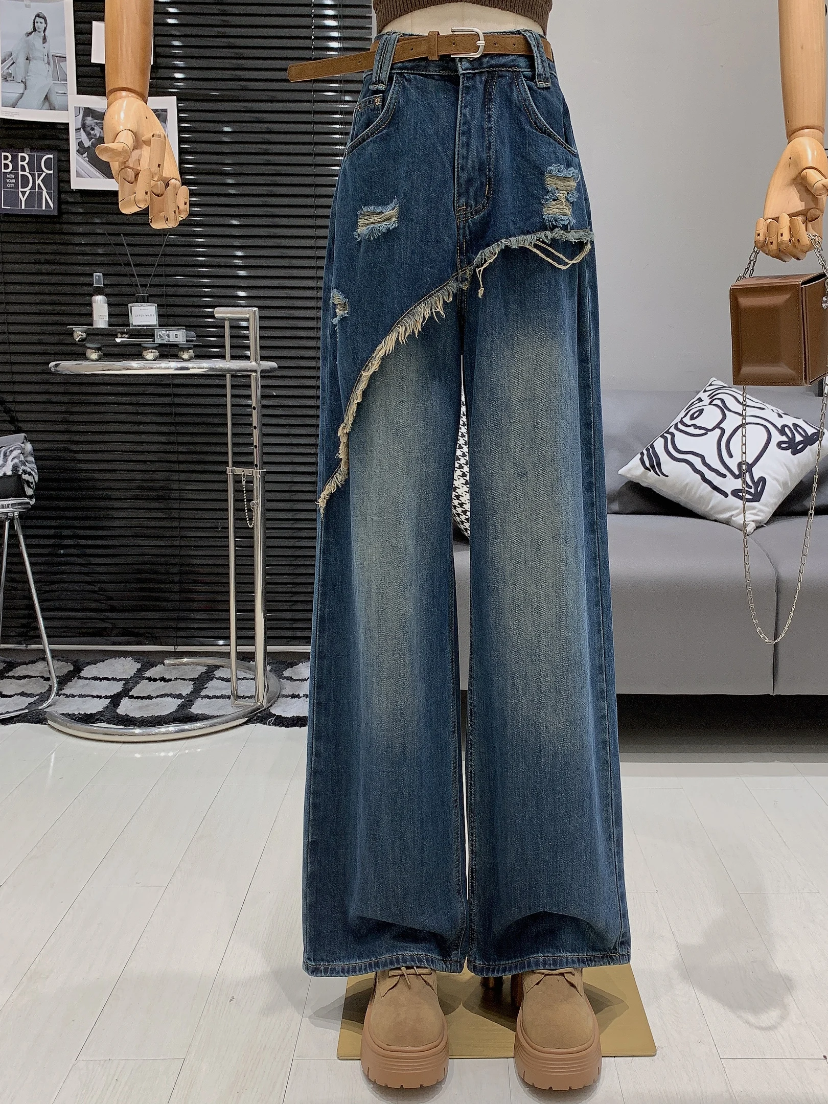 American Personality Retro Fringed Denim Pants High Waist Fashion Versatile Ripped Hole Loose Denim Straight Leg Wide Leg Pants
