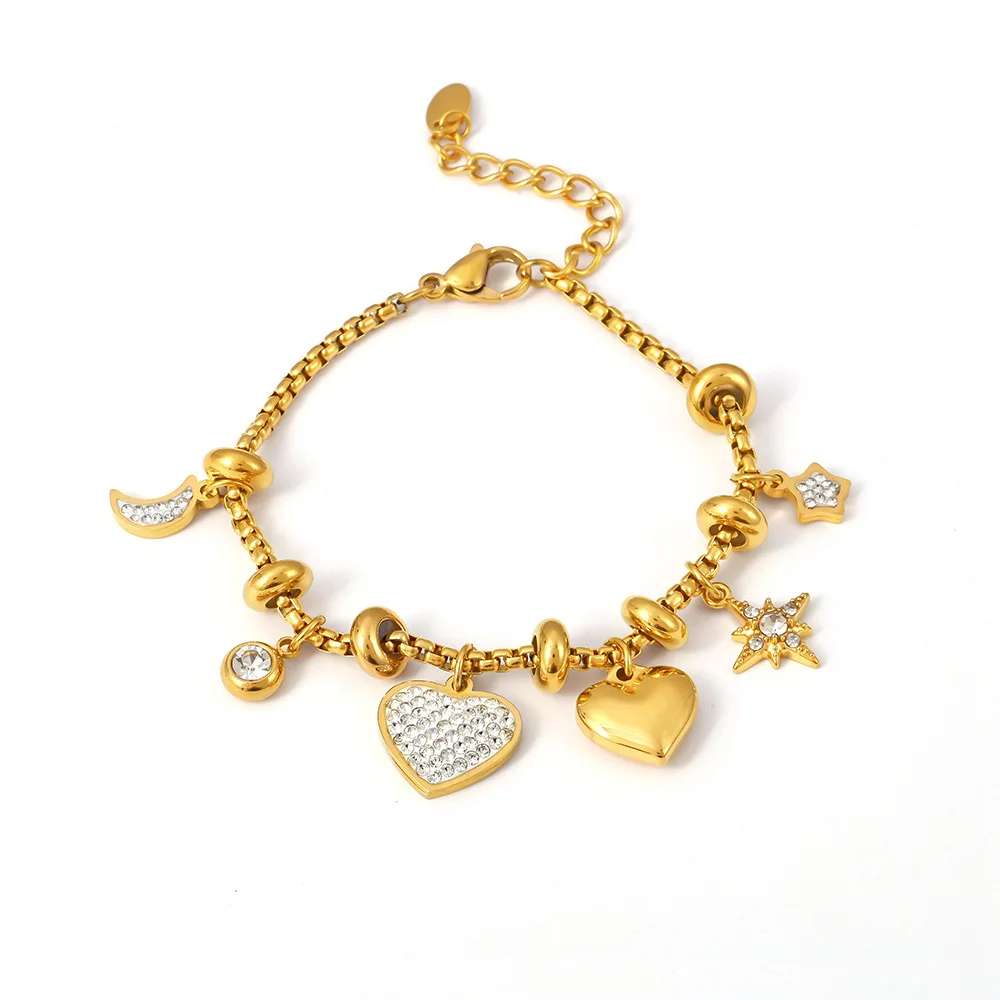 Chic Heart Charm Bracelet Shiny Zircon Drops 18K Gold Plated Multiple Pendants Stackable Jewelry for Women