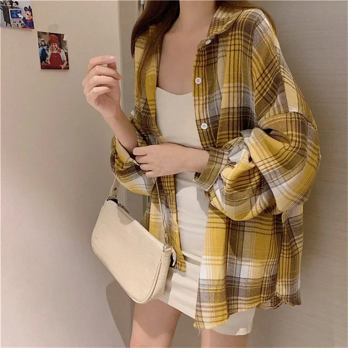 Blusas Xadrez Coreanas Femininas: Camisas Casuais de Manga Longa com Botões, Novidade Primavera, Caimento Solto e Elegante