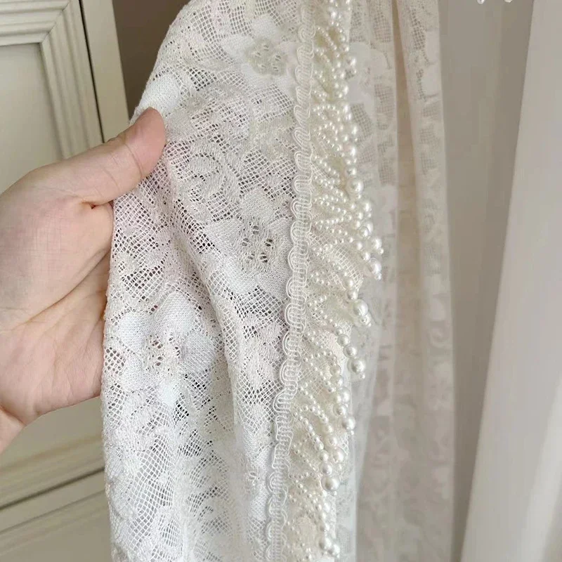 New Cream Lace Embroidered Screen Curtain Pearl Lace Curtains for Living Room Bedroom French Window Balcony Window Customized