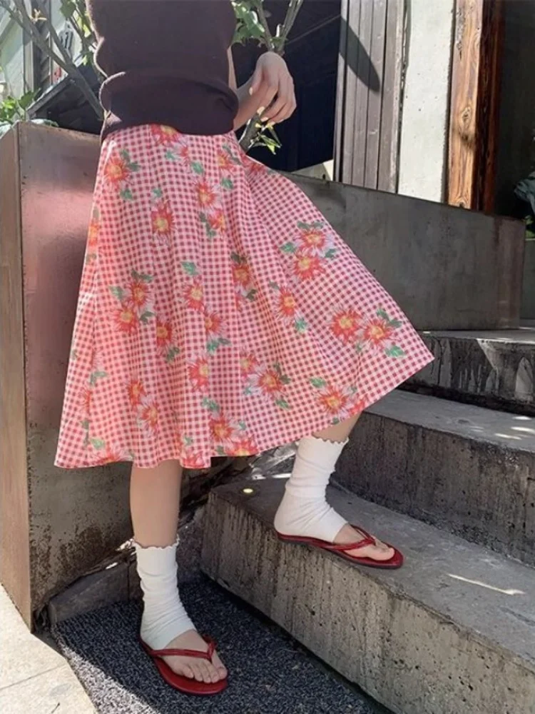 Rural Style Korean Fashion Red Plaid Flower Pattern Skirts Mid Length A-line Full Skirts Sweet Young Women Girls Beautiful Skirt