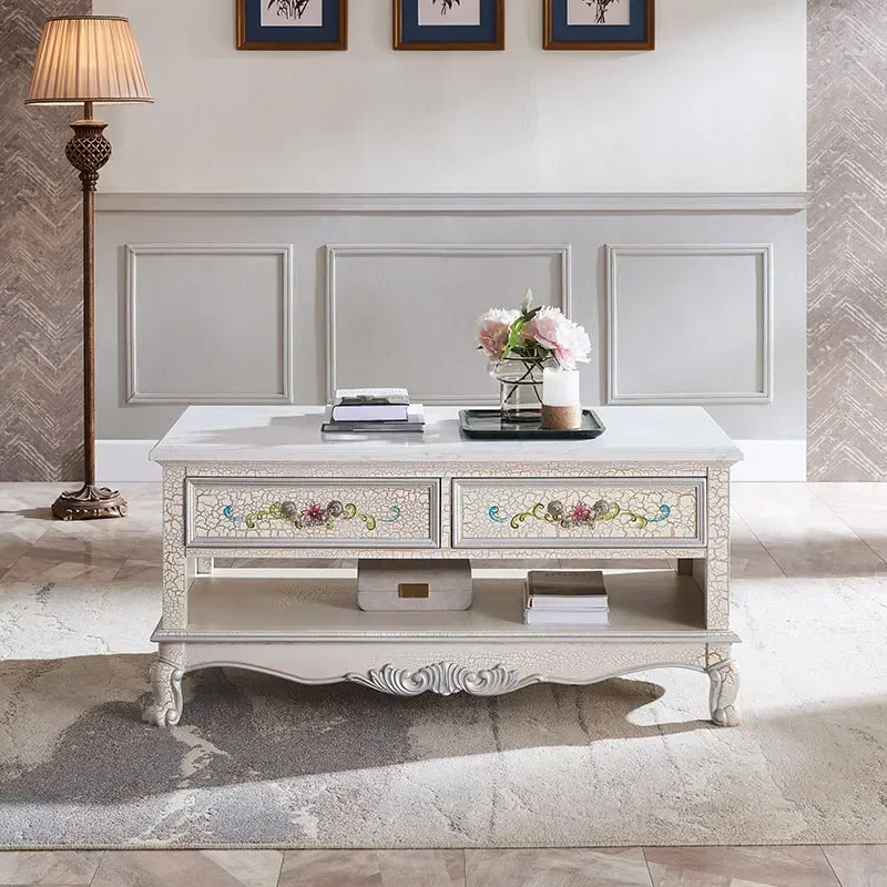 

Living Room Simple White with Drawer Storage Tea Table Vintage Distressed Furniture Marble1