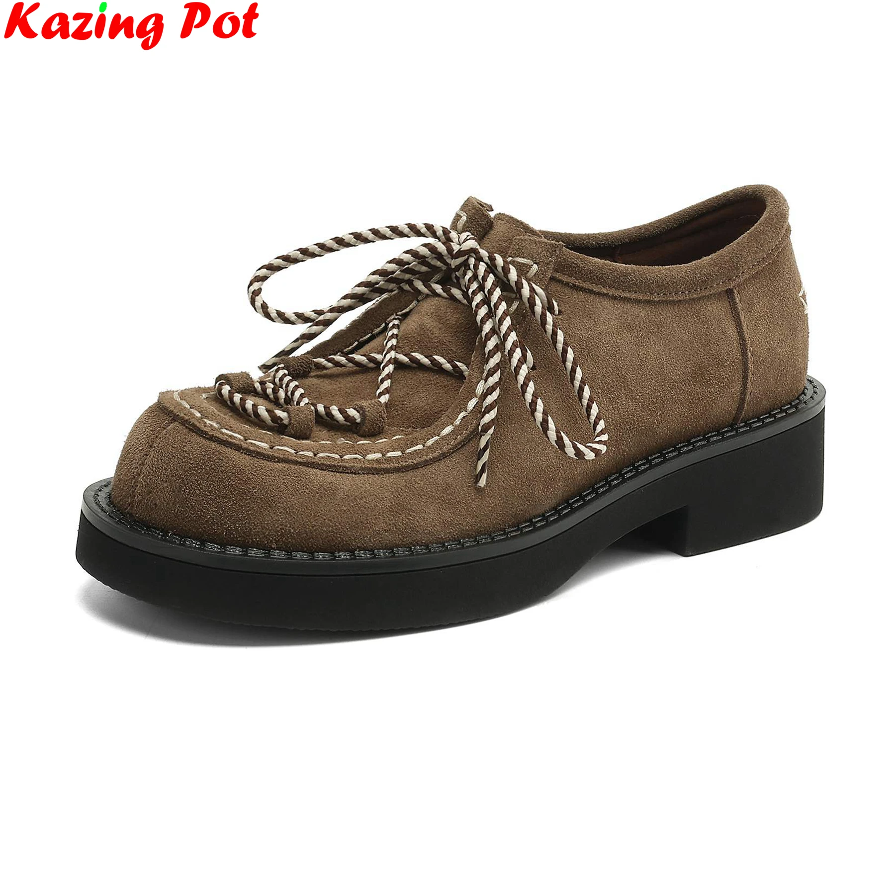 Krazing Pot Cow Suede Round Toe Lace Up Med Heels Spring Autumn Shoes Platform Loafers Casual Dating Vacation Brand Women Pumps