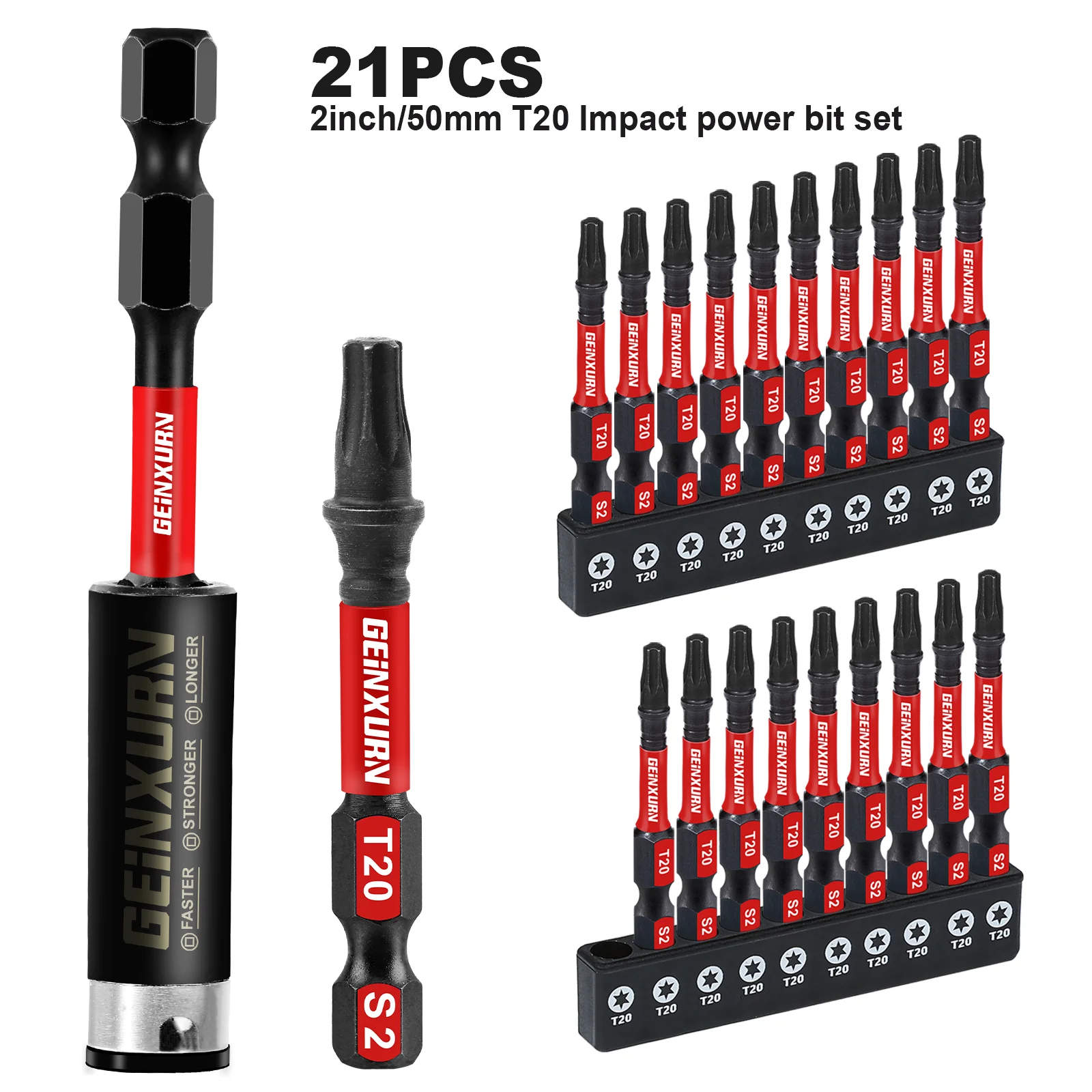 Geinxurn 2 inch impact magnetisch # 20-torx-schroevendraaierbitset, S2 gelegeerd staal T20 Power Bit-set met voet