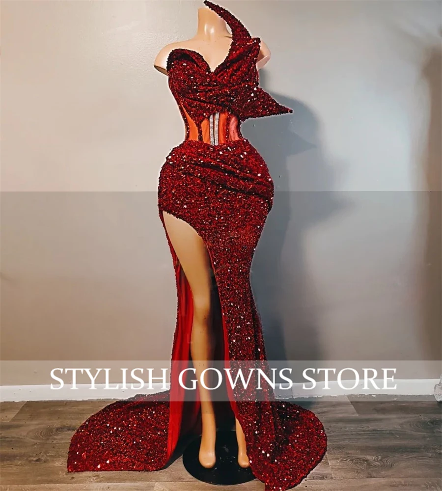 Luxury Burgundy Strapless Long Prom Dress For Black Girls Sequined Birthday Party Gowns Ruffles Slit Evening Dresses Customized