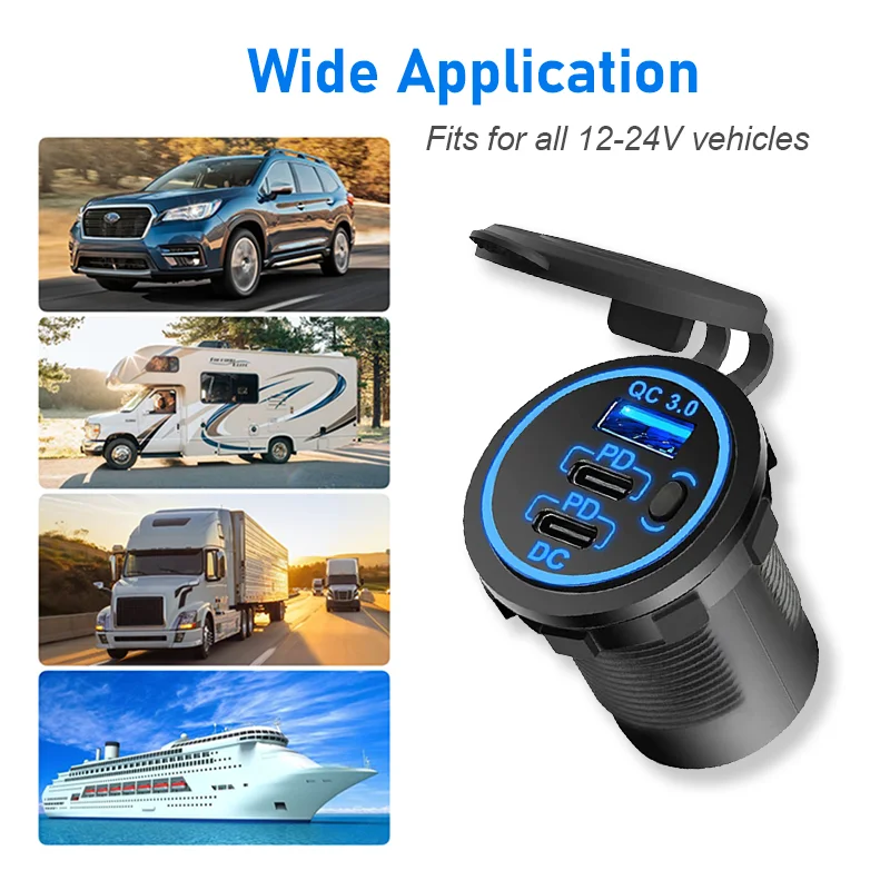 12V USB Outlet 58W Dual PD USB-C Port Quick Charge 3.0 USB Charger Socket Waterproof Power Outlet with Power Switch for Car Boat