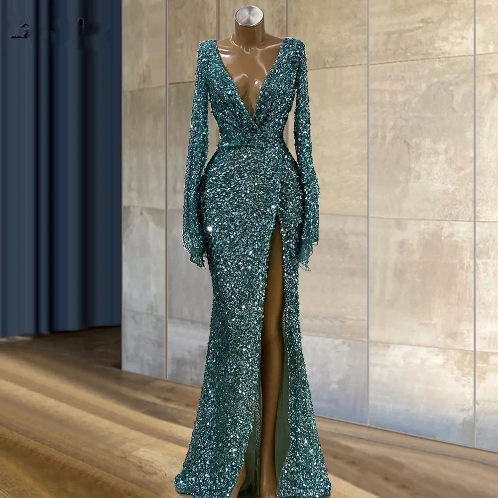 

Flavinke Elegant Green Mermaid Evening Dresses For Women Long Sleeve Deep V Neck Sequin Side Slit Party robes de soirée