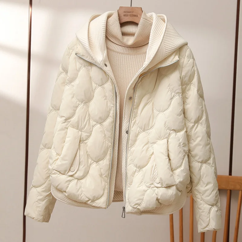 Parka curta solta com capuz feminino, casaco falso de malha de duas peças, jaqueta puffer emendada, parkas casual, 90% Duck Down, inverno, novo