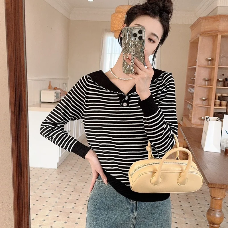 Striped Sailor Collar Knitwear Women's Spring New Contrast Color Korean Style Gentle Loose Knitted Top