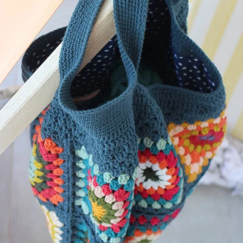 Navy Granny Square Crochet Bag Hippie Classic Handbag Handmade Crochet Colorful Purse Boho Chic Shoulder Tote Bags For Women