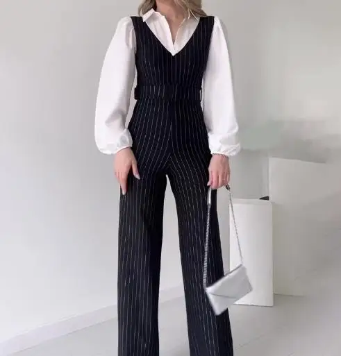 Tuta da donna New Fashion Autunno 2025 Elegante risvolto Contrasto Falso in due pezzi a righe Tute a vita alta per le donne