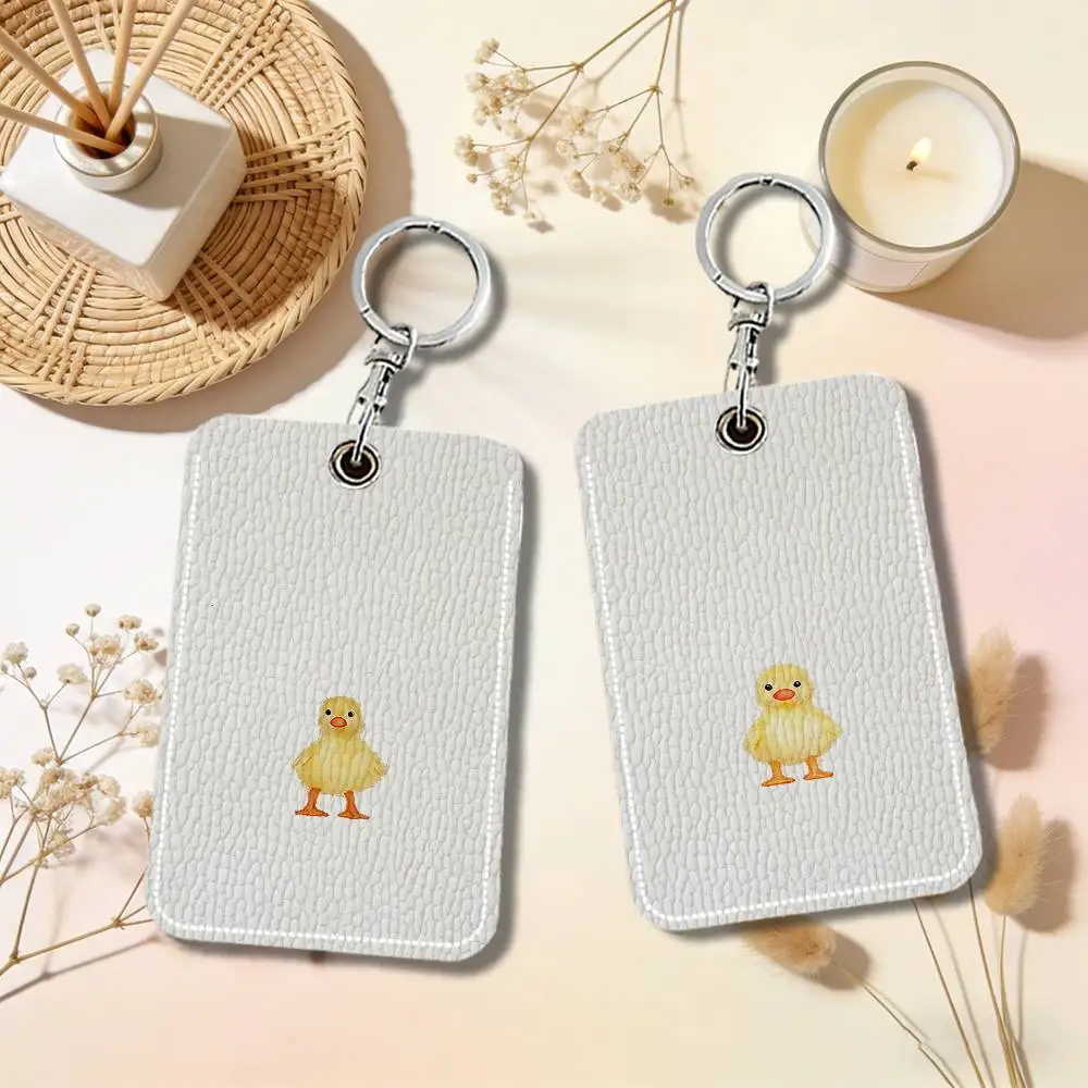 Cute Little Yellow Duck Keyring Leather Access Card Holder Keychain Community Proximity Card Protective Case