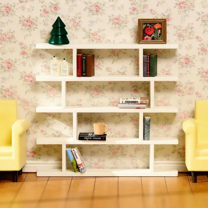 1/12 Miniature Dollhouse White Bookshelf Multi Layer Shelf Rack for Living Room Scene House Model