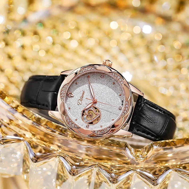 Women's Diamond Star Watch Disc Tourbillon Automatic Watch Fashion Glow-in-the-dark Waterproof Sports Leather Watch for Women