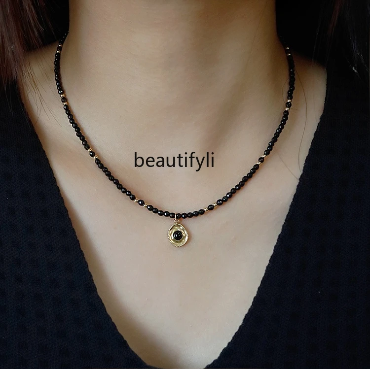 Simple design natural black agate necklace light luxury niche 14K gold temperament collarbone chain new Chinese neck chain