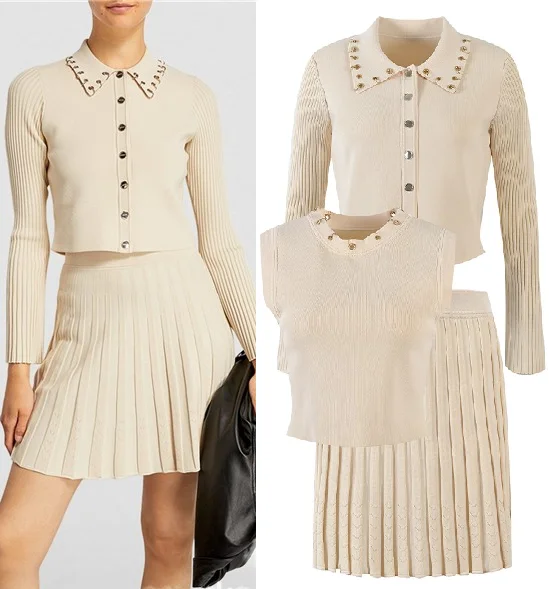 ชุดเซ็ตเสื้อคลุมคาร์ดิแกนเปิดไหล่ทรงเอสีน้ำเงินลายริบบิ้นโลหะดีไซน์ฝรั่งเศส พร้อมกระโปรงพลีททรงเอ แฟชั่นสำหรับผู้หญิง