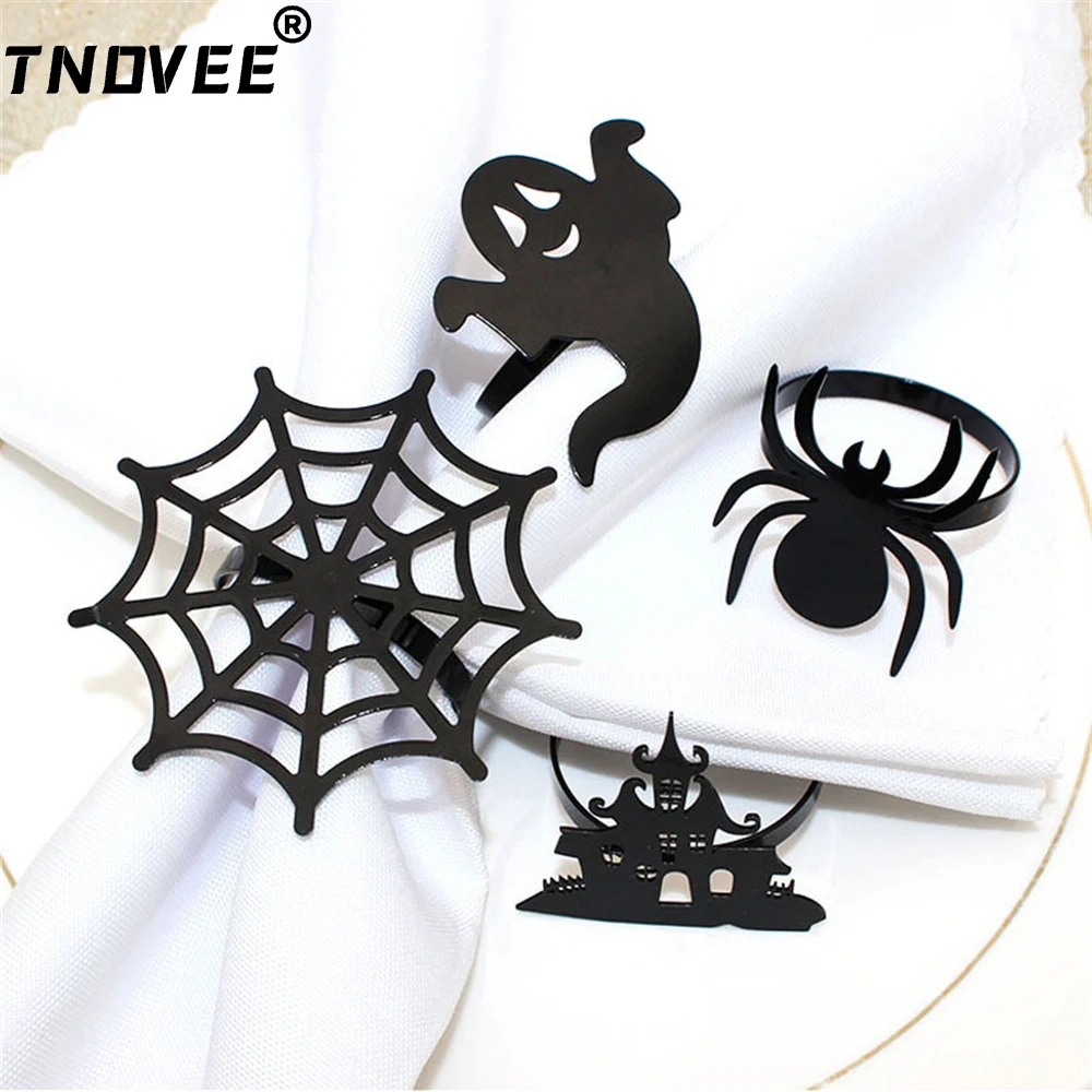 6Pcs Halloween Napkin Rings Black Castle Spider Ghost Napkin Holder Rings for Halloween Holiday Wedding Party Dinner Table Decor