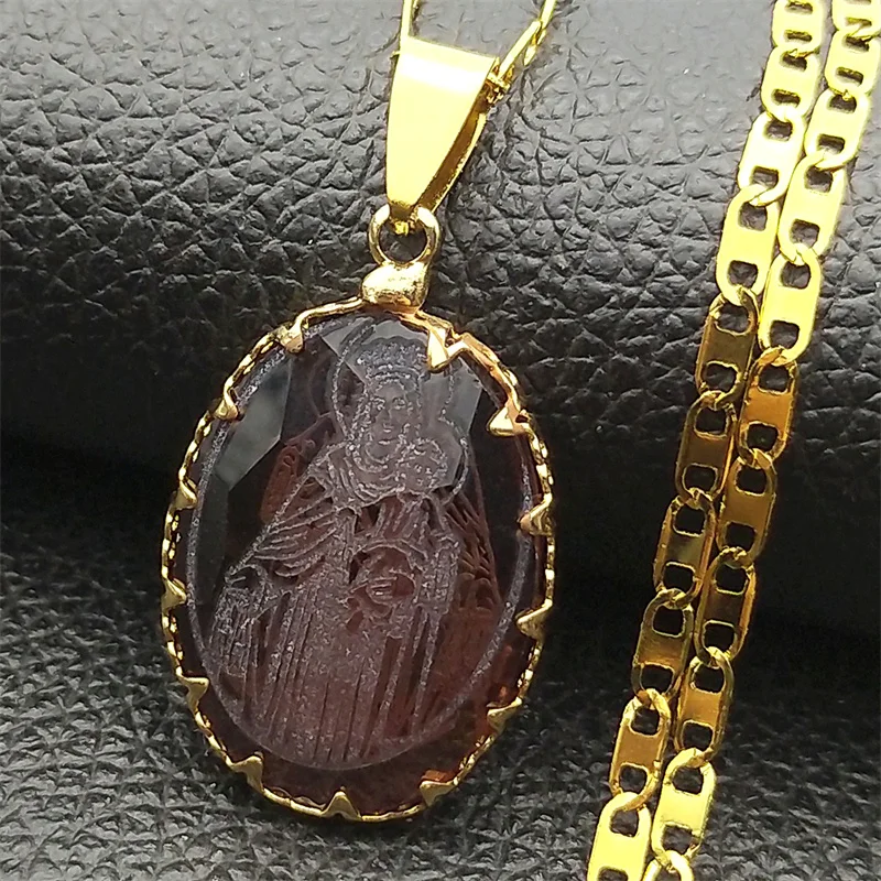 Virgin Mary Baby Jesus Oval Glass Pendant Necklace for Women Men Stainless Steel Gold Color Catholic Mother Mary Chain Jewelry - view 4