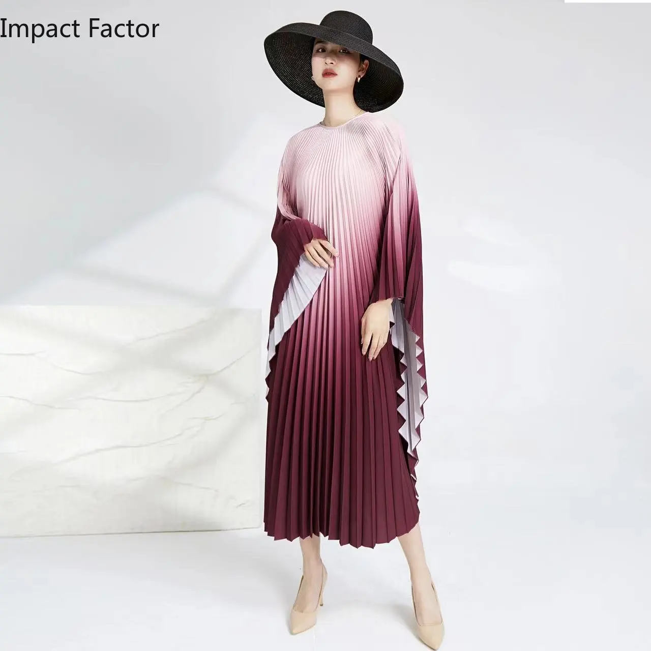 

Pleated Dress Light Luxury Dress Temperament High-end Sense Print Loose Bat Sleeves Miyake Pleated Long Skirt 2024 Clothing