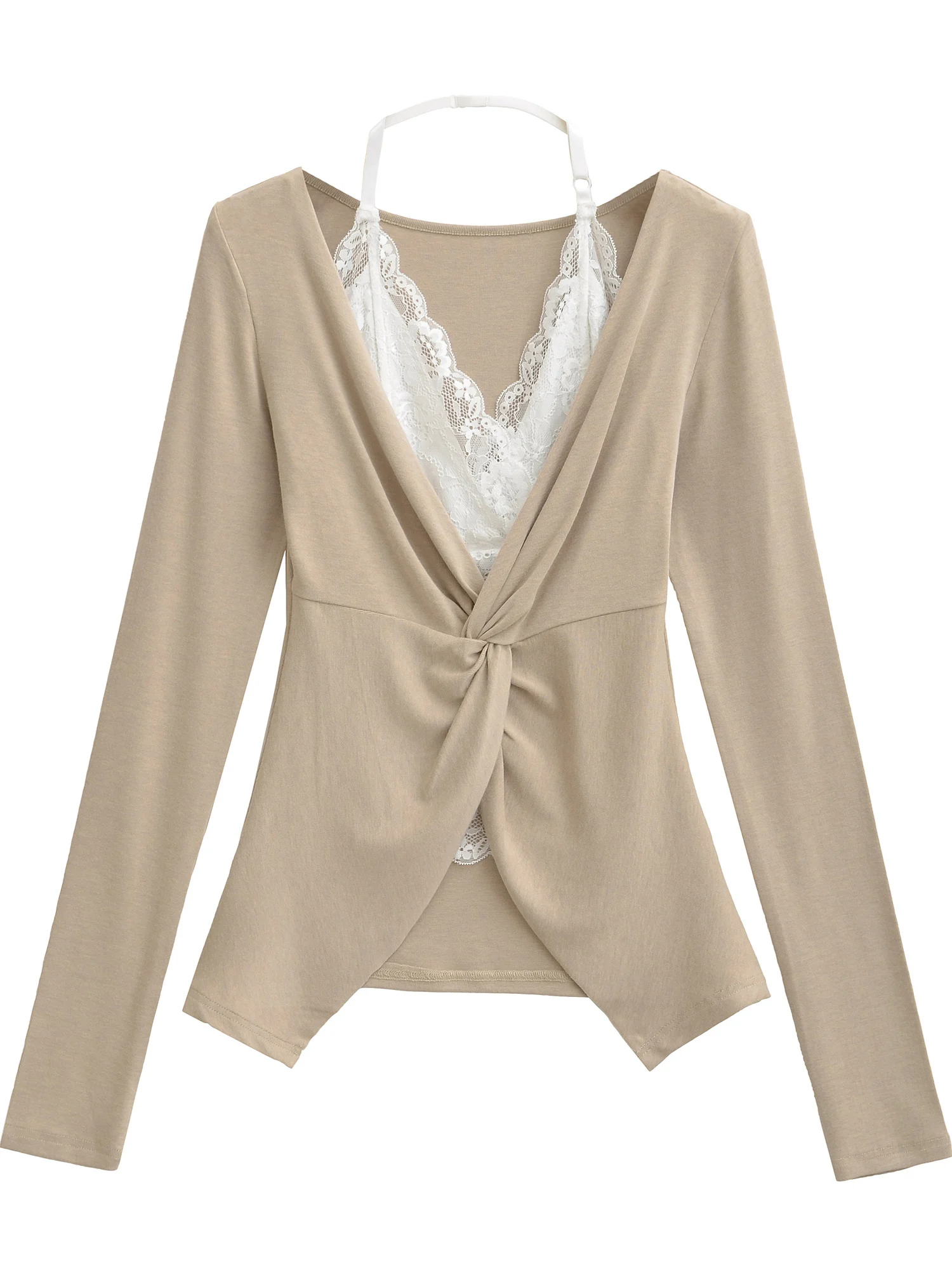 

Сексуальная футболка с длинным свеком для американских девушек, кружевной лоскутный топ с завязкой на талии и v-образным вырезом, утягивающий топ для женщин