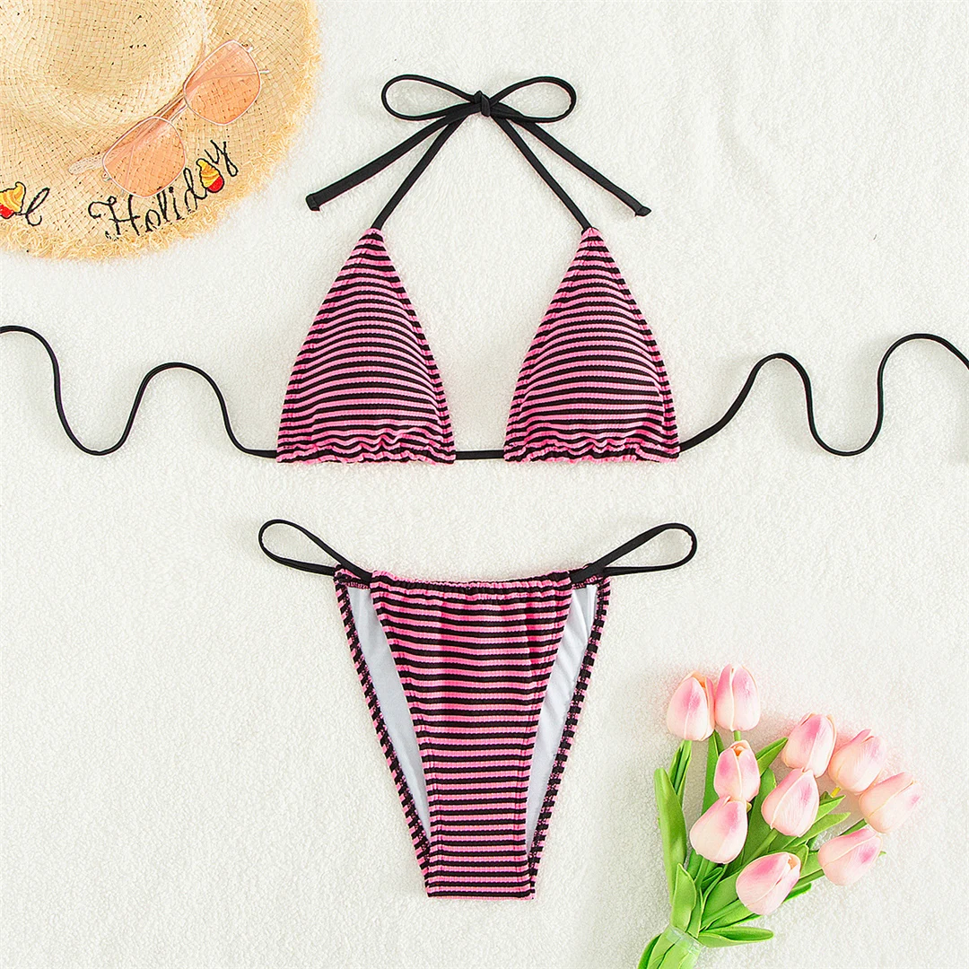Gestreifter Neckholder-Bikini mit hohem Beinausschnitt, zweiteiliger Damen-Bikini, Badeanzug, brasilianischer Badeanzug, Badebekleidung, Schwimmbekleidung V6032 – Detail 9