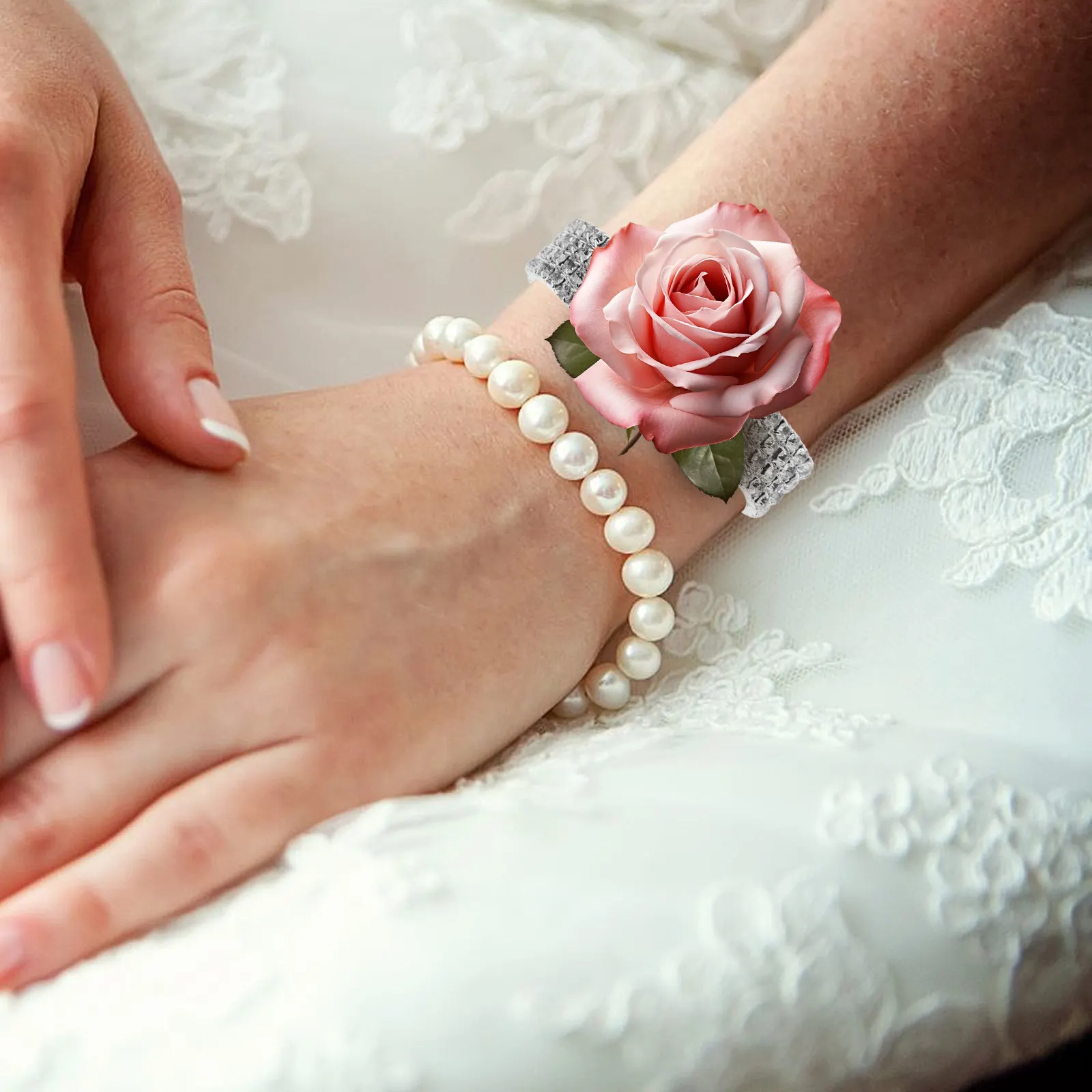 4Pcs Rhinestone Elastic Wrist Corsage Bracelet Wedding Prom Anniversary Bridal Shower Party Decoration Boutonniere Magnet view 2