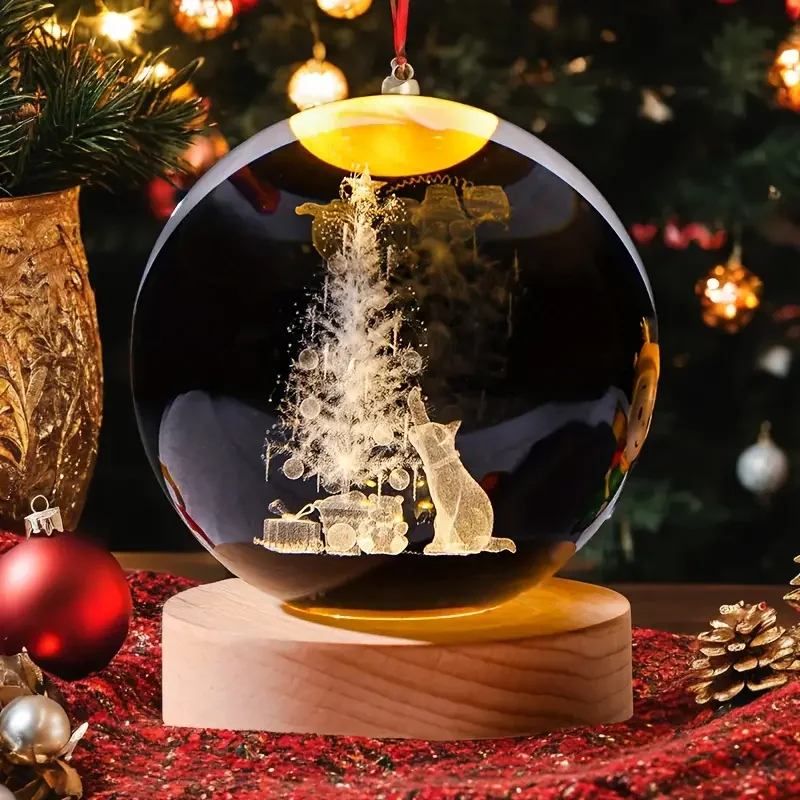 1pc,Christmas Cat 3D laser carved crystal ball with colored lights, living room bedroom home decorative lights, table decoration