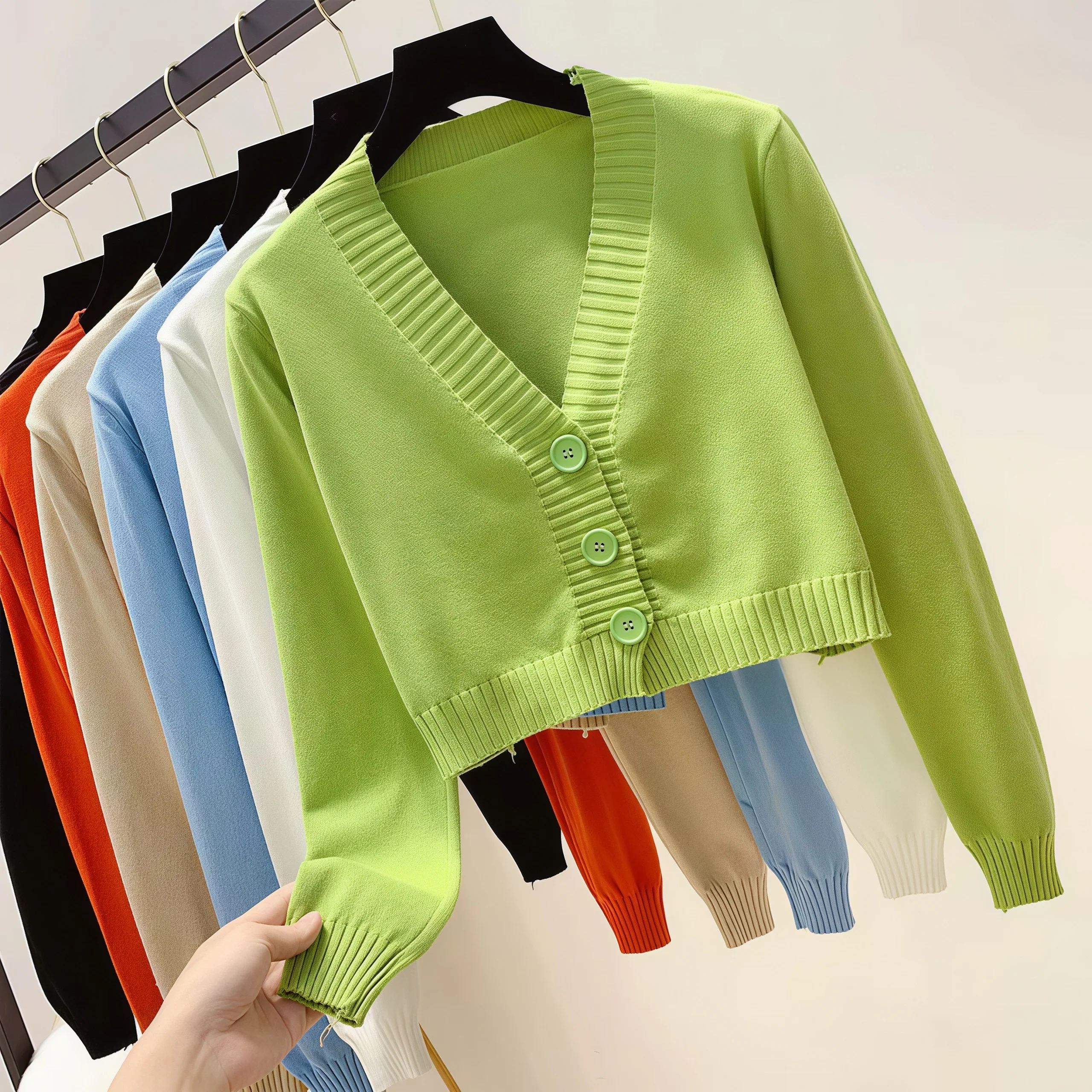 Women Short Knit Cardigan V‑Neck Long Sleeve Button Cropped Sweater Solid Color Casual Outerwear Ladies Crop Tops