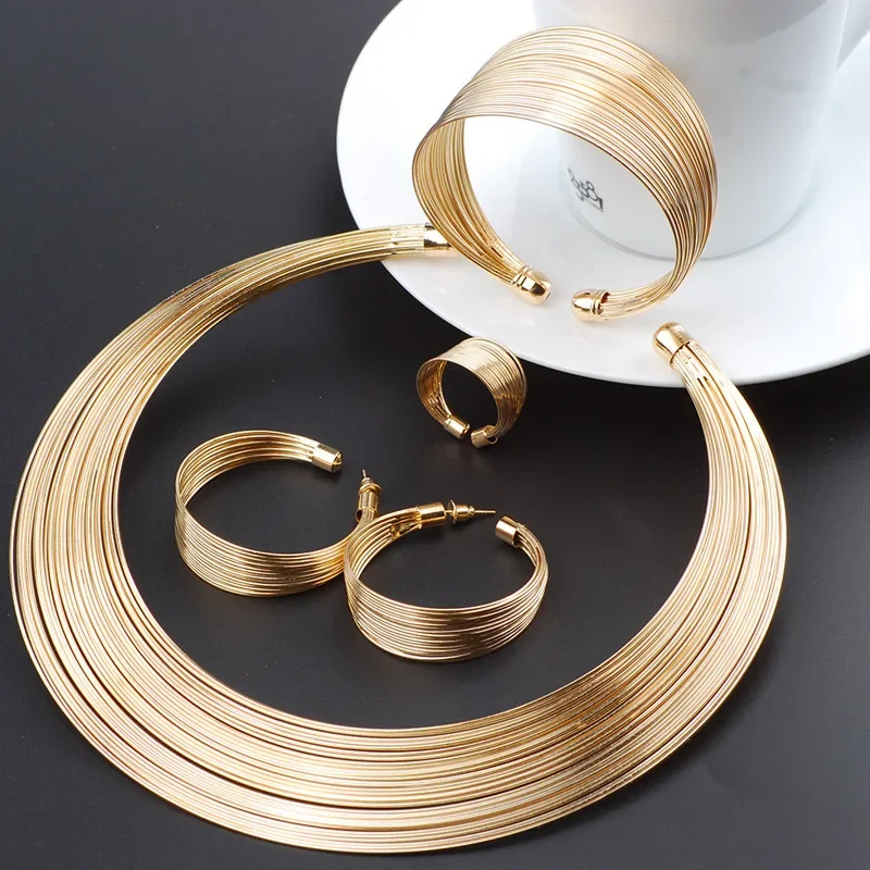 

LIFFLY Fashion Dubai Jewelry Sets Exaggerated Gold Line Necklace Set Wedding Gift African Nigeria Jewellery for Women