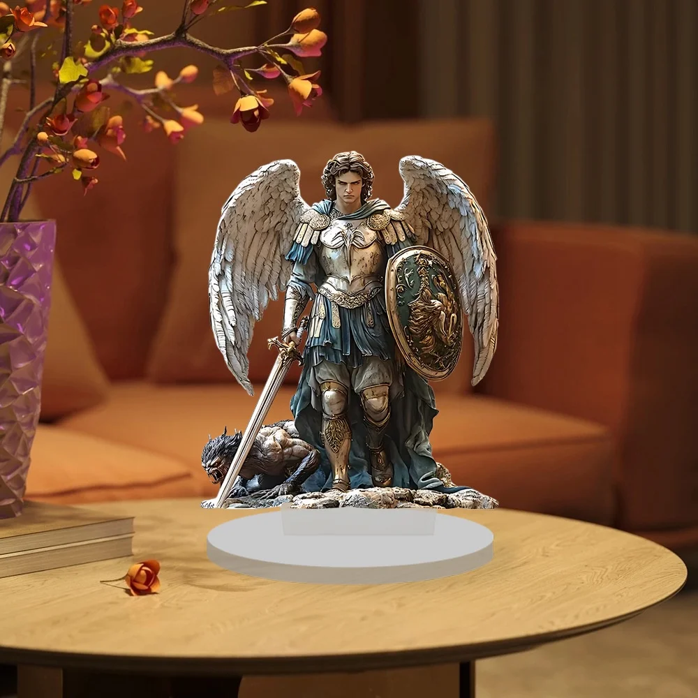 1-teiliges Schutzengel-Ornament aus 2D-Acryl mit Schwert- und Schildformdekoration für Heimtextilien im Schreibtisch