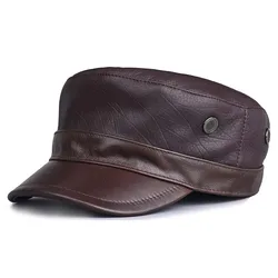 Genuine Leather Cap Men's Flat Caps Warm Army Military Hat Elegant Man Baseball Cap British Vintage Cowskin Leather Hat