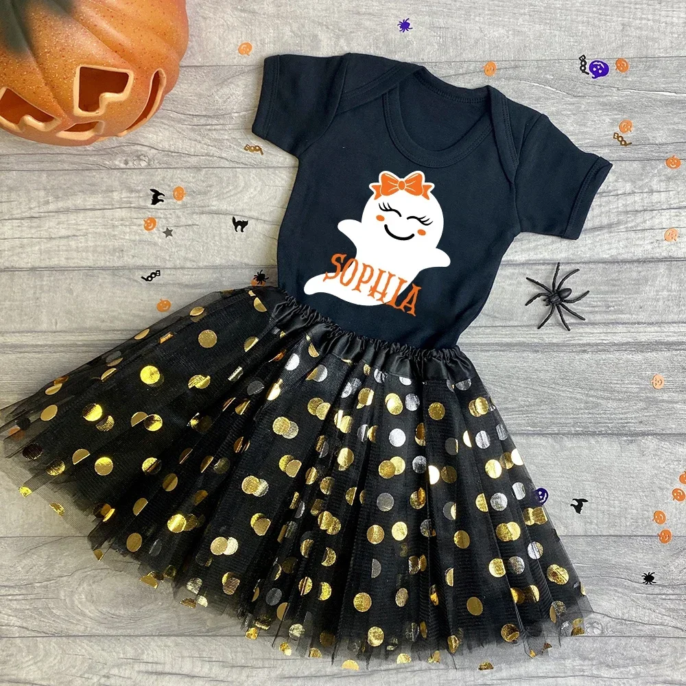 

Персонализированные детские платья на Хэллоуин, милая одежда для девочек, юбка-пачка с индивидуальным именем, наряд для вечеринки на Хэллоуин, комплект черного платья для малышей