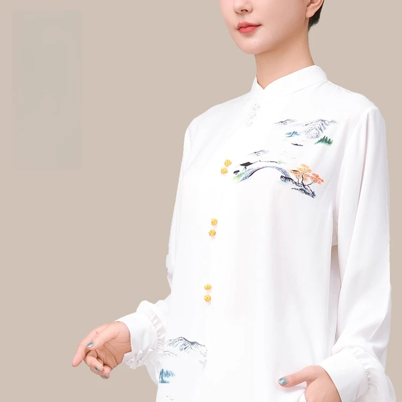 Women Hand Painted Tai Chi Outfit Lightweight Chiffon Summer Kung Fu Dress Flowy Breathable Martial Arts Practice Wear