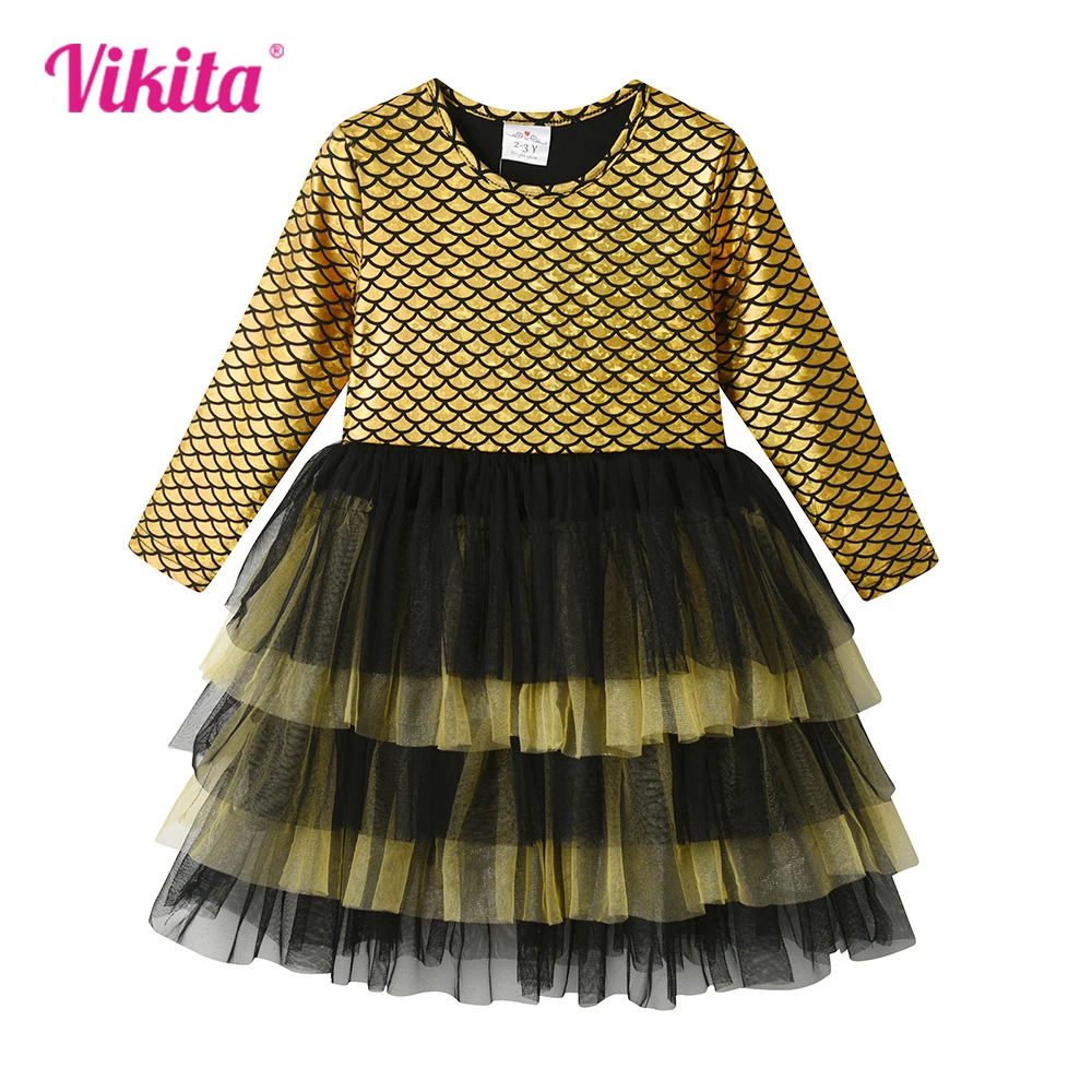 

VIKITA Girls Golden Dress Kids Long Sleeve Autumn Spring Dresses Girls Mermaid Print Performance Birthday Party Princess Dress