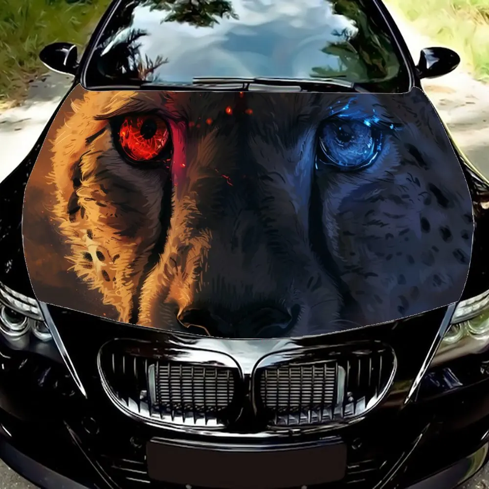 Cheetah with Red Blue Eyed Car Hood Wrap Color Vinyl Sticker Truck Graphic Bonnet DIY Auto Accessories Decoration Decal Gift