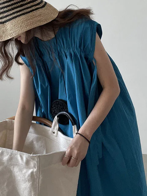 

Retro round Ne Dstring Pleated Design Loose Versatile Big Skirt Sle Dr Chic Summer Flng Sve Midi Dr