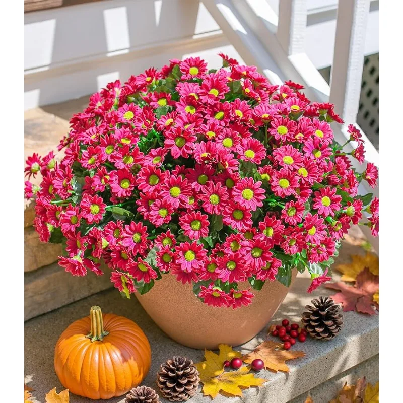 

Daisy Artificial Flowers for Outdoors Fall Autumn Decoration, 6 Bundles Fake Mums Dark Red Silk Flowers for Outside Look Real UV