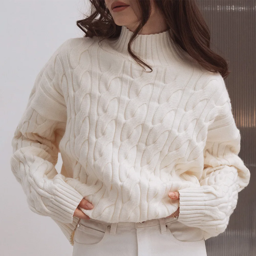 

Lazy Style Ice Cream Knitting Sweater Autumn and Winter Women Elegant Loose Fried Dough Twists Cross Casual Thick Warm Sweater