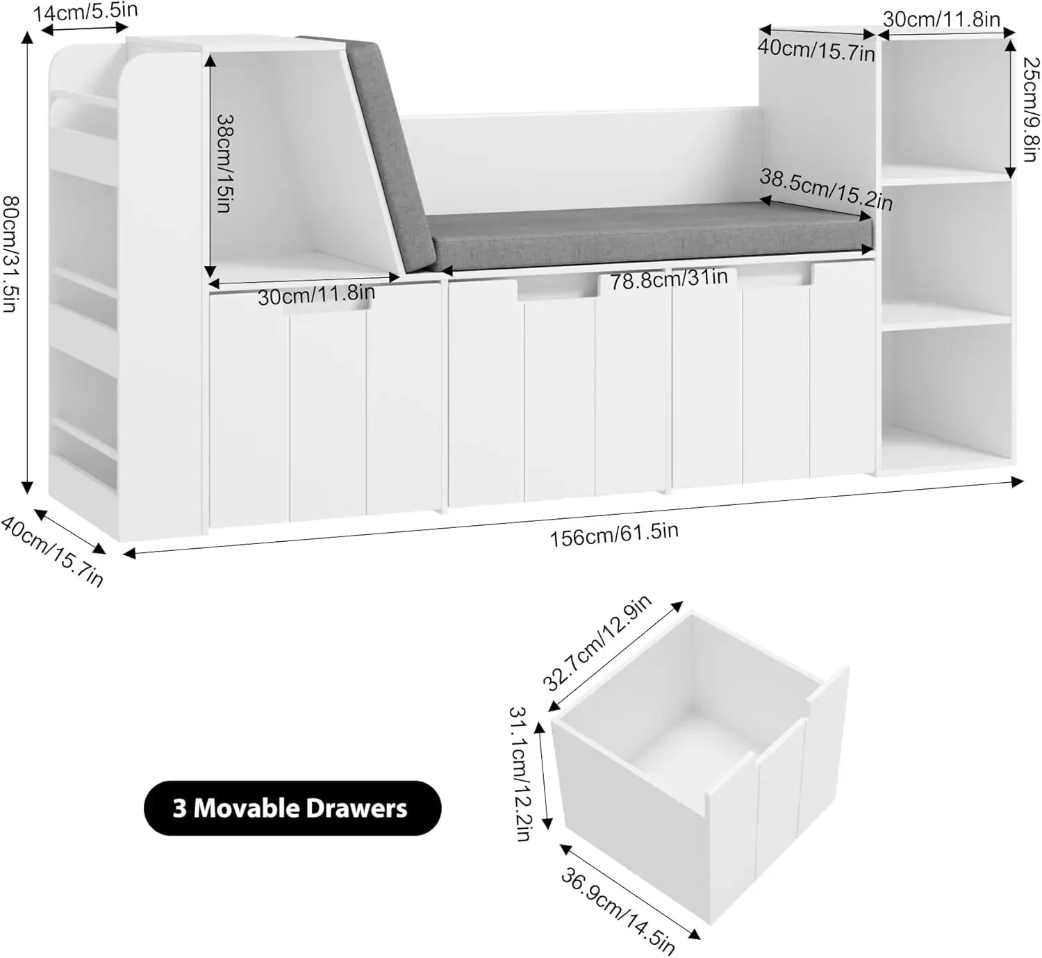 [عرض لفترة محدودة، اليوم فقط! ]61.5 بوصة زاوية قراءة للأطفال مع رف كتب مكون من 3 طبقات، زاوية قراءة للأطفال مع مقعد مزدوج وبكرة دوارة