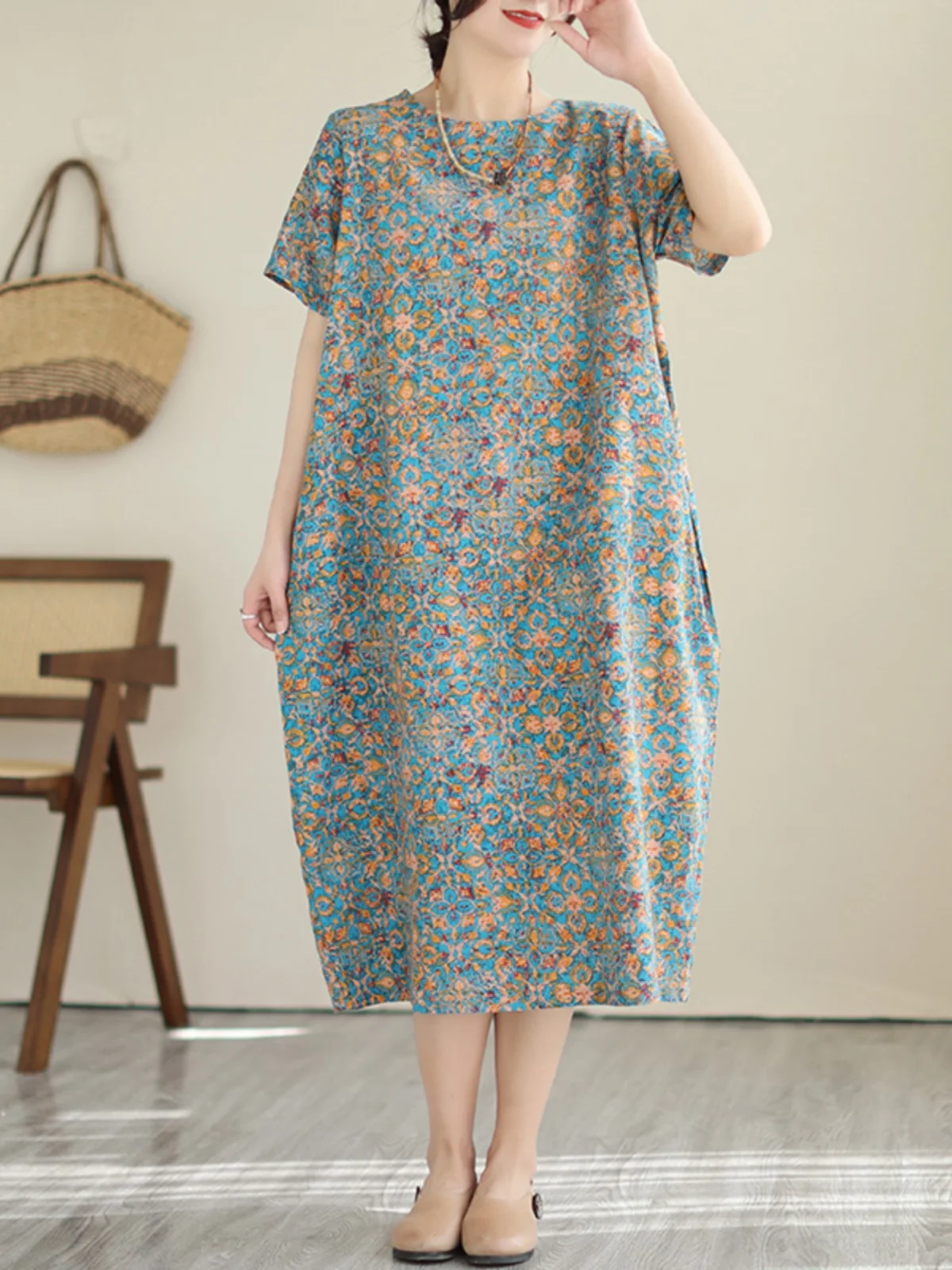 فستان صيفي جديد بطباعة عتيقة من القطن والكتان، فستان طويل بمقاسات كبيرة للنساء، تصميم دائري الرقبة بأكمام قصيرة يغطي الورك، ف... #3