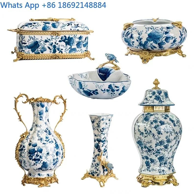 European Ceramic Ornaments American Style Villa Living Room Entrance Blue and White Porcelain High-end Luxury Crafts
